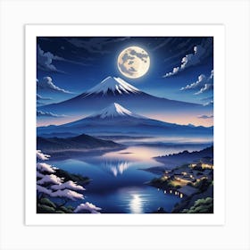 Moonlight Over Lake Fuji Art Print