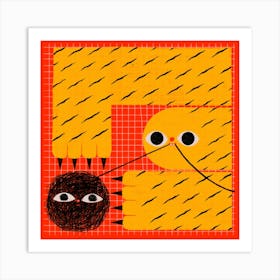 yellow happy tiger plays with woolen ball on checkered red backdrop Art Print