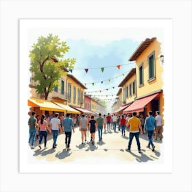 Romanian English Street Festival, Captured In Watercolor Style 1 Art Print