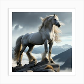 white Horse With Long Flowing Mane Poised On Rocky Outcropping Mountain Range Looming In The Back Art Print