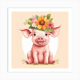 Floral Baby Pig Nursery Illustration (1) Art Print