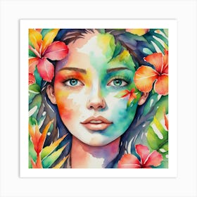 Watercolor Of A Woman With Flowers 6 Art Print