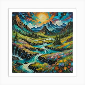 Sunlit Peaks: Verdant Valleys and Cascading Rivers Amidst Floral Wonders. Wall art. Art Print