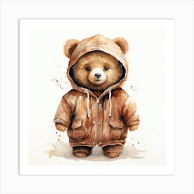 Watercolour Cartoon Brown Bear In A Hoodie Art Print