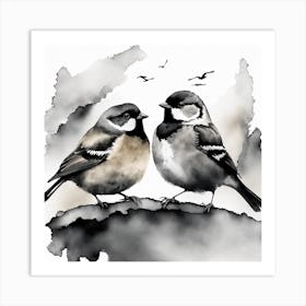 Firefly A Modern Illustration Of 2 Beautiful Sparrows Together In Neutral Colors Of Taupe, Gray, Tan (31) Art Print