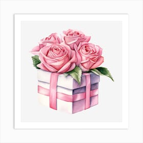 Pink Roses In A Gift Box Art Print