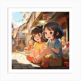 Two Girls In A City Anime Art Print