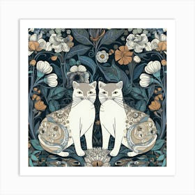 William Morris  Inspired  Classic Cats White Cats Blue Square Art Print