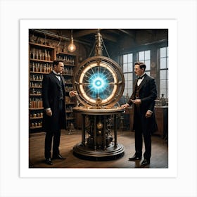 Two Men Standing In Front Of A Clock Art Print