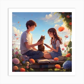 Girl Reading A Book With Cat 1 Art Print