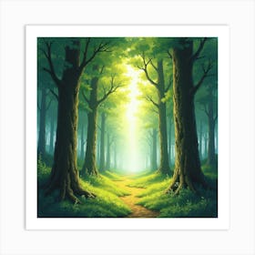 Watercolor Of A Mystical Light Shining Through The Woods In Lothlórien 1 Art Print