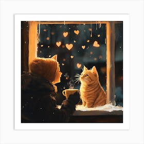 Cat and Person Sharing Hot Cocoa Artwork 3 Art Print