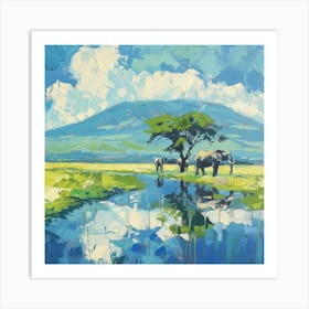 Elephants By The Water Art Print