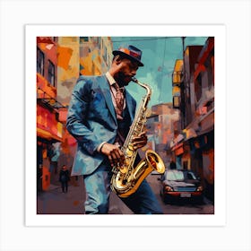 Saxophone Player In The City Art Print