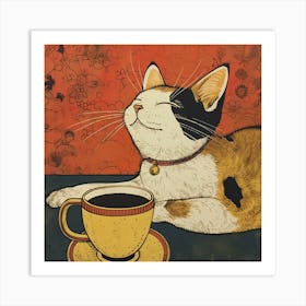 Cat With Cup Of Coffee Art Print