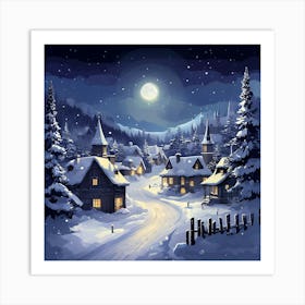 Full Moon On Christmas Serene Winter Night In A Snow Covered Village Art Print