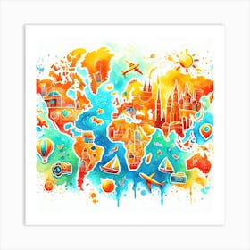 Summer Travel - Watercolor Painting of a World Map with Landmarks and Icons Art Print