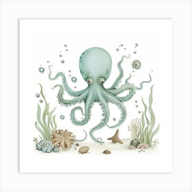 Storybook Style Octopus On The Ocean Floor With Aqua Marine Plants 4 Art Print