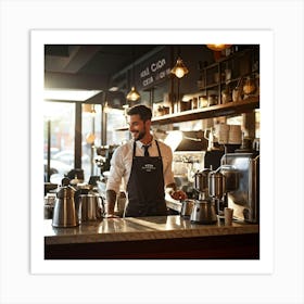 Cafe Interior Early Morning Barista Clad In A Crisp Apron With Visible Badges Of Skill Steam Waft (5) Art Print