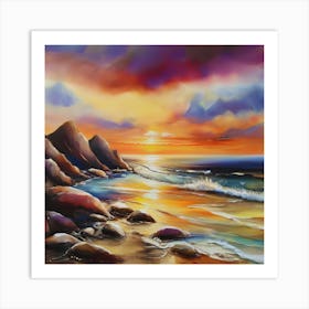 Artwork, oil colors, sea and sunset, seashore, beach rocks.San Francisco, USA.8 Art Print