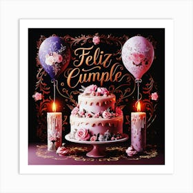 Feliz cumple and Feliz cumpleaños sign means Happy Birthday in Spanish language, Birthday party celebration gift with birthday cake candle colorful balloons best congratulation over light background wall artFeliz Cumple 51 Art Print