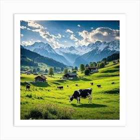 Alpine Pastoral Landscape Cows Grazing On Lush Green Slopes Snow Capped Mountains In The Distance (5) Art Print