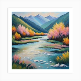 Autumnal Elegance: Serene River Flowing Through Vibrant Valley wall art. Art Print