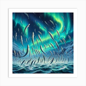 Sardines Dancing Under The Northern Lights In The Arctic Ocean, Style Realistic Oil Painting 3 Art Print