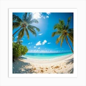 A Sunny Beach In A Tropical Paradise Palm Trees Bending Slightly Above The Turquoise Waters Edge (5) Art Print