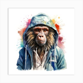 Watercolour Cartoon Baboon In A Hoodie 1 Art Print