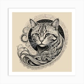 A Spiral Cat, Black and Beige Art Print