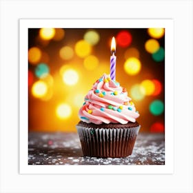 Birthday Celebration Cupcake Adorned With Vibrant Hued Frosting Single Candle Alight Casting A So (4) Art Print