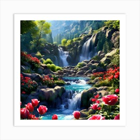 Waterfall And Tulips Art Print