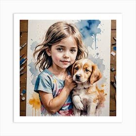 Water Colored Painting Of A Girl Child With Her Puppy 2d Art Water Color Spray 32k Resolution 43913497 Art Print