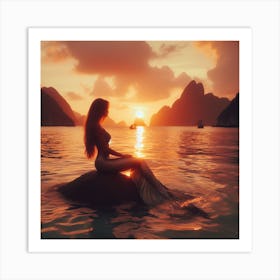 Mermaid Sitting On Rock At Sunset Art Print