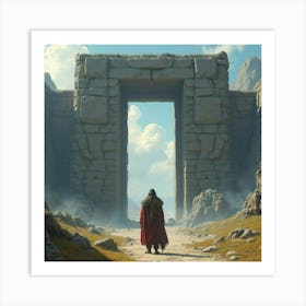 Ancient Warrior Standing Before A Colossal Stone Gate Art Print