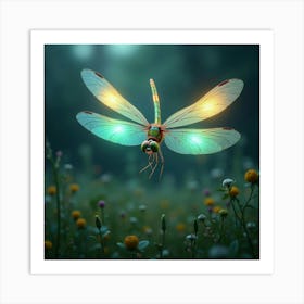 A Whimsical Dragonfly With Wings Of Shifting, Bioluminescent Light Hovering Over A Surreal Meadow 1 Art Print