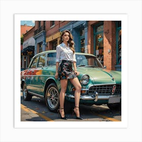 Woman Leaning On A Car Art Print