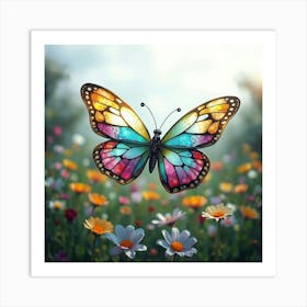 A Whimsical Butterfly With Wings That Resemble Glowing Stained Glass Flying Over A Vibrant Meadow 1 Art Print