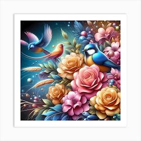 Colorful Flowers And Birds 1 Art Print