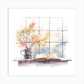 Watercolor Window Sill With Book And Flowers Art Print