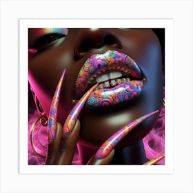 Portrait Of A Woman With Colorful Nails Art Print