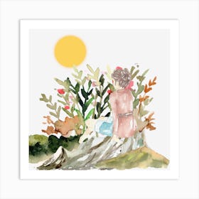 Girl With Flowers And Moon Art Print