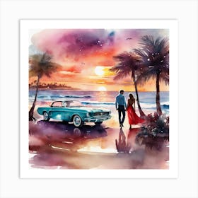 Love Scene In A Nostalgic 1965 Mustang on Beach Art Print