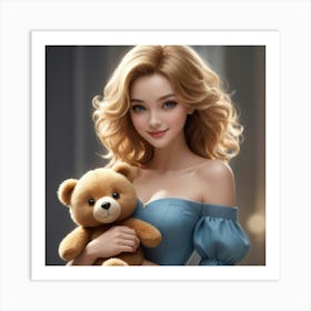 Beautiful Girl Holding Teddy Bear 1 Art Print