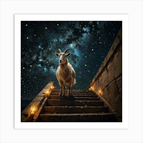 Goat Standing On Stairs In The Night Sky 1 Art Print