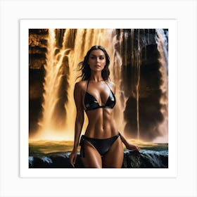 Beautiful Woman In Bikini In Front Of Waterfall jv Art Print