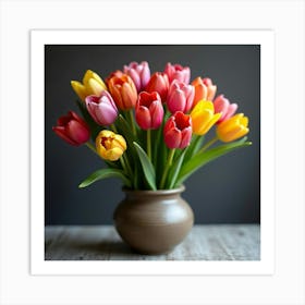 A Bunch Of Colorful Tulips Arranged In A Rustic Vase Art Print