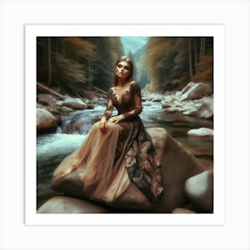 Beautiful Woman Sitting On Rocks By A River Art Print