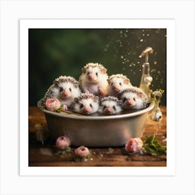 Baby Girl Hedgehogs Bath Art Print